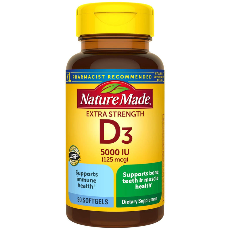 Nature Made Extra Strength Vitamin D3 5000 IU (125 mcg), Dietary Supplement for Immune Support, 90 Softgels, 90 Day Supply 90 Count (Pack of 1)