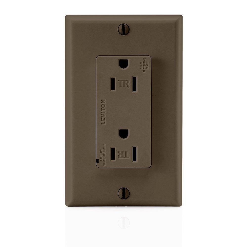 Leviton T5280 15 Amp, 125 Volt, Tamper Resistant, Decora Duplex Surge Suppressor Receptacle, Straight Blade, Commercial Grade, Self Grounding, Brown LED Indicator