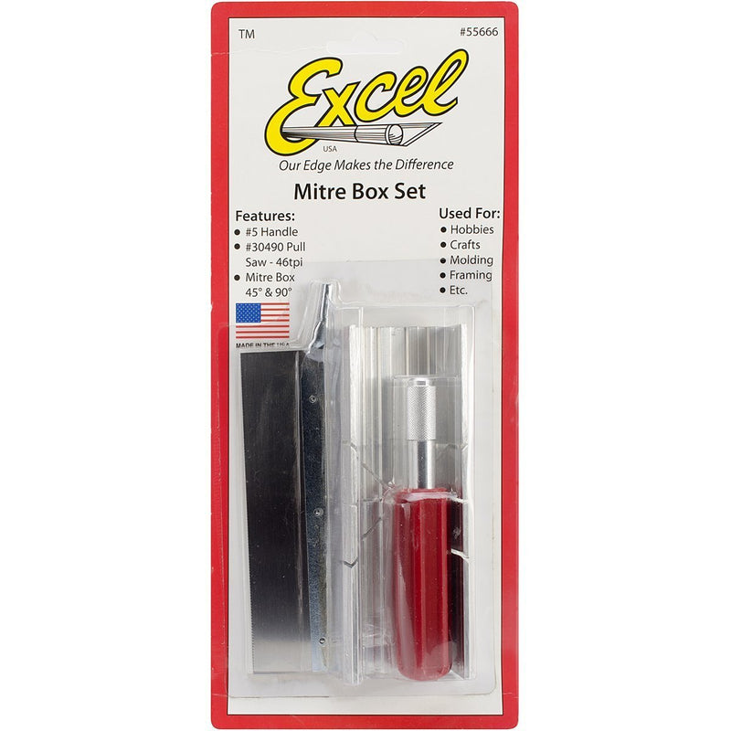 Excel Blades Metal Mitre Box Set with Heavy Duty K5 Handle and Razor Pull Saw Blade, Small Mitre Box and Saw with 2 Cutting Angles for Wood and Soft Metal