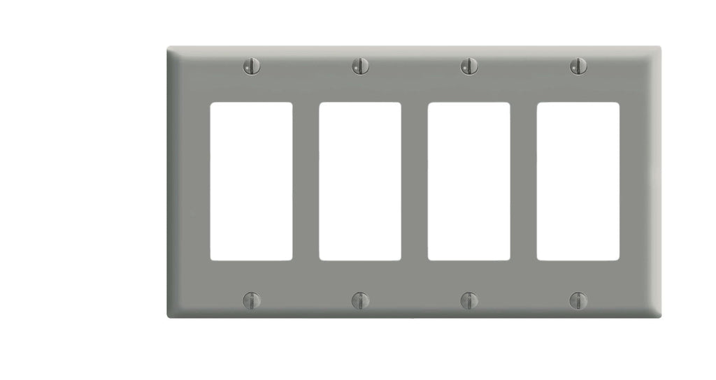 Leviton 80412-GY 4-Gang Decora/GFCI Device Wallplate, Standard Size, Thermoset, Device Mount, Gray 1 Pack