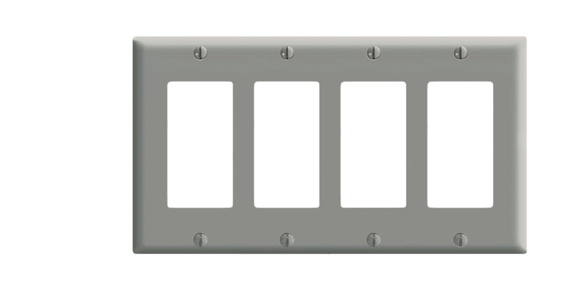 Leviton 80412-GY 4-Gang Decora/GFCI Device Wallplate, Standard Size, Thermoset, Device Mount, Gray 1 Pack