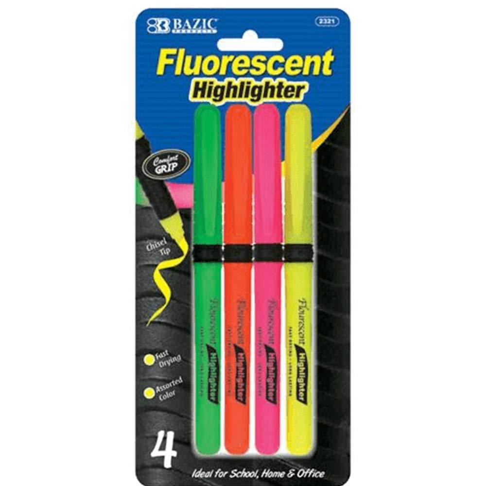 BAZIC Pen Style Fluorescent Highlighters w/ Cushion Grip (4/Pack)