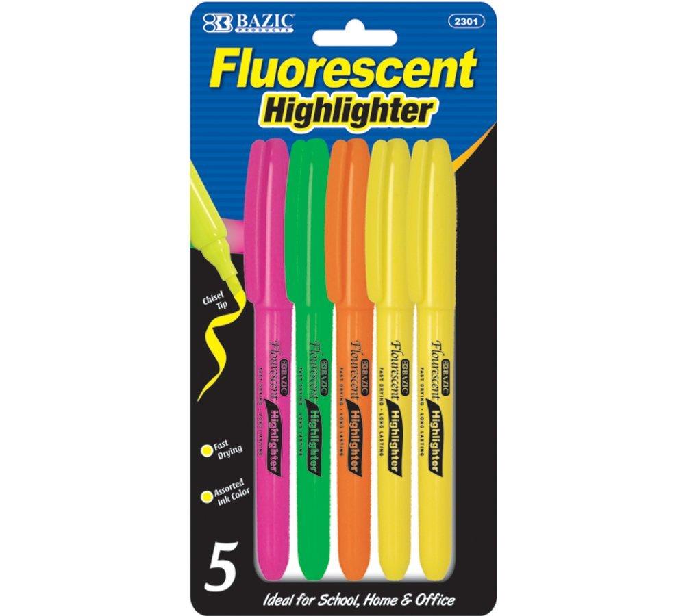 BAZIC Pen Style Fluorescent Highlighter with Pocket Clip, 5 Per Pack Pink/Green/Orange/Yellow 1 Unit