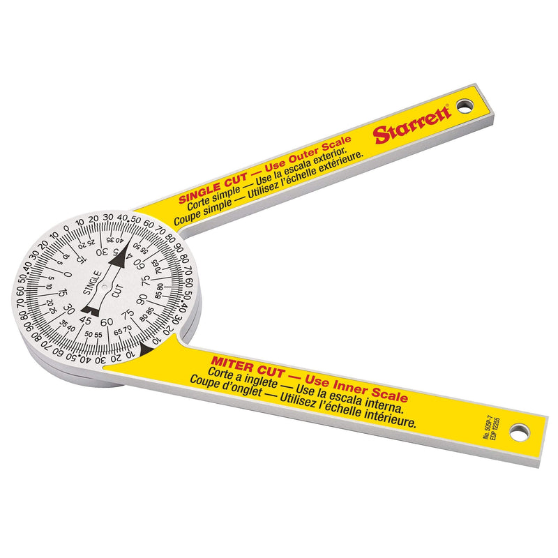 Starrett Miter Saw Protractor, Prosite 505P-7, Angle Finder Gauge Cutting Guide Tool with Laser Scales for Carpenters, Plumbers, Building Trades, DYI Home Improvement, 7” Narrow Plastic ํํYellow & White
