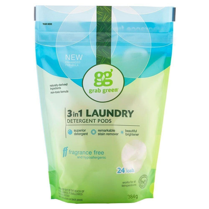 Grab Green Natural 3 in 1 Laundry Detergent Pods, Free & Clear/Unscented, 24 Loads, Fragrance Free, Organic Enzyme-Powered, Plant & Mineral-Based, 13.5 Ounce 24 Count (Pack of 1)