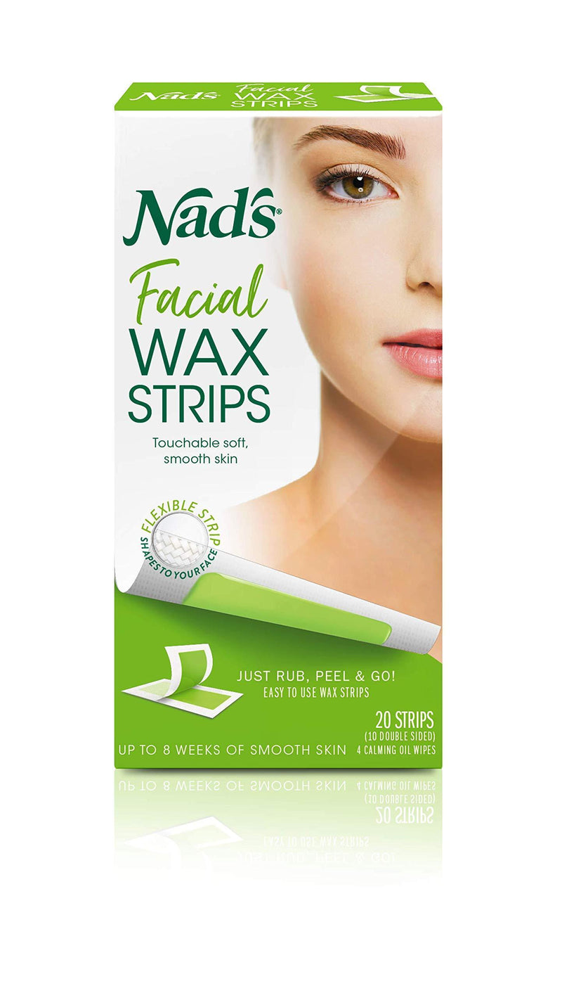 Nad's Facial Wax Strips - Hypoallergenic All Skin Types - Facial Hair Removal For Women - At Home Waxing Kit with 20 Face Wax Strips + 4 Calming Oil Wipes 1 Pack