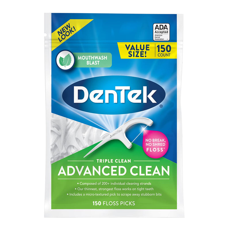 DenTek Triple Clean Advanced Clean Floss Picks, No Break & No Shred Floss, 150 Count 150 Count (Pack of 1)
