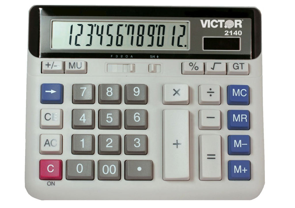 Victor 2140 12-Digit Standard Function Desk Calculator, Large Keys, Battery and Solar Hybrid Powered LCD Angled Display, Great for use in The Home and Office 1-Pack