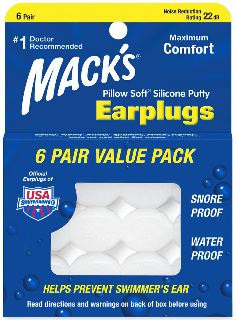 Mack's Pillow Soft Silicone Earplugs - 6 Pair, Value Pack – The Original Moldable Silicone Putty Ear Plugs for Sleeping, Snoring, Swimming, Travel, Concerts and Studying
