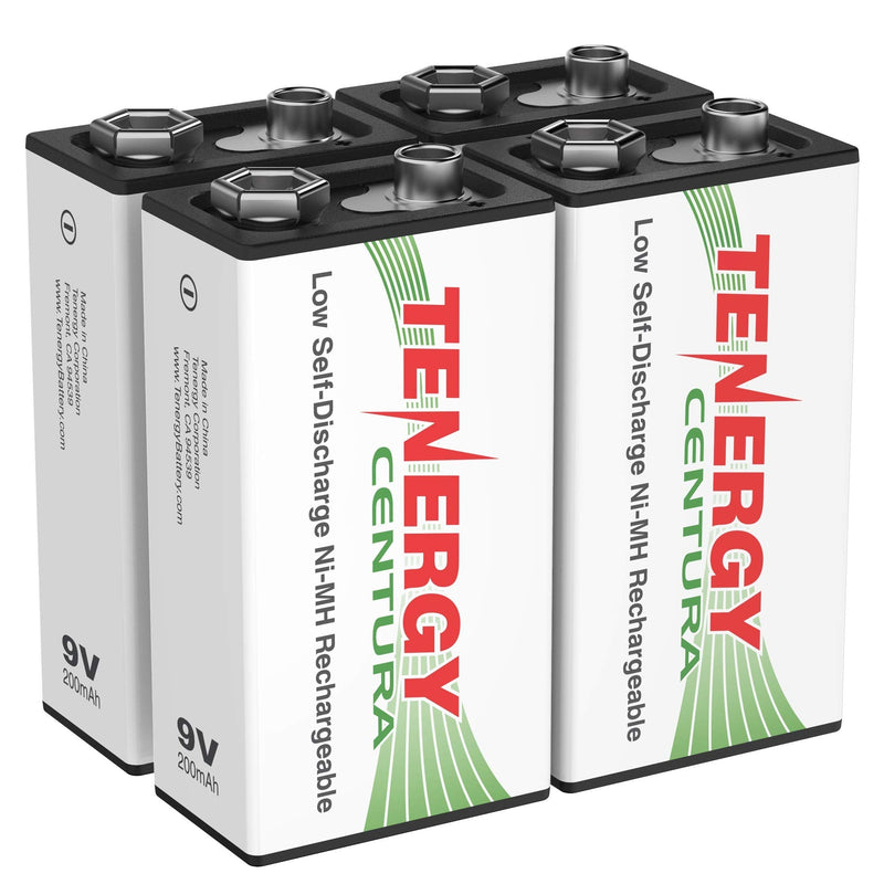 Tenergy 9V NIMH Rechargeable Batteries, 200mAh Low Self-Discharge Square Battery for Smoke Alarm/Detector, 4 Pack 4 Pcs