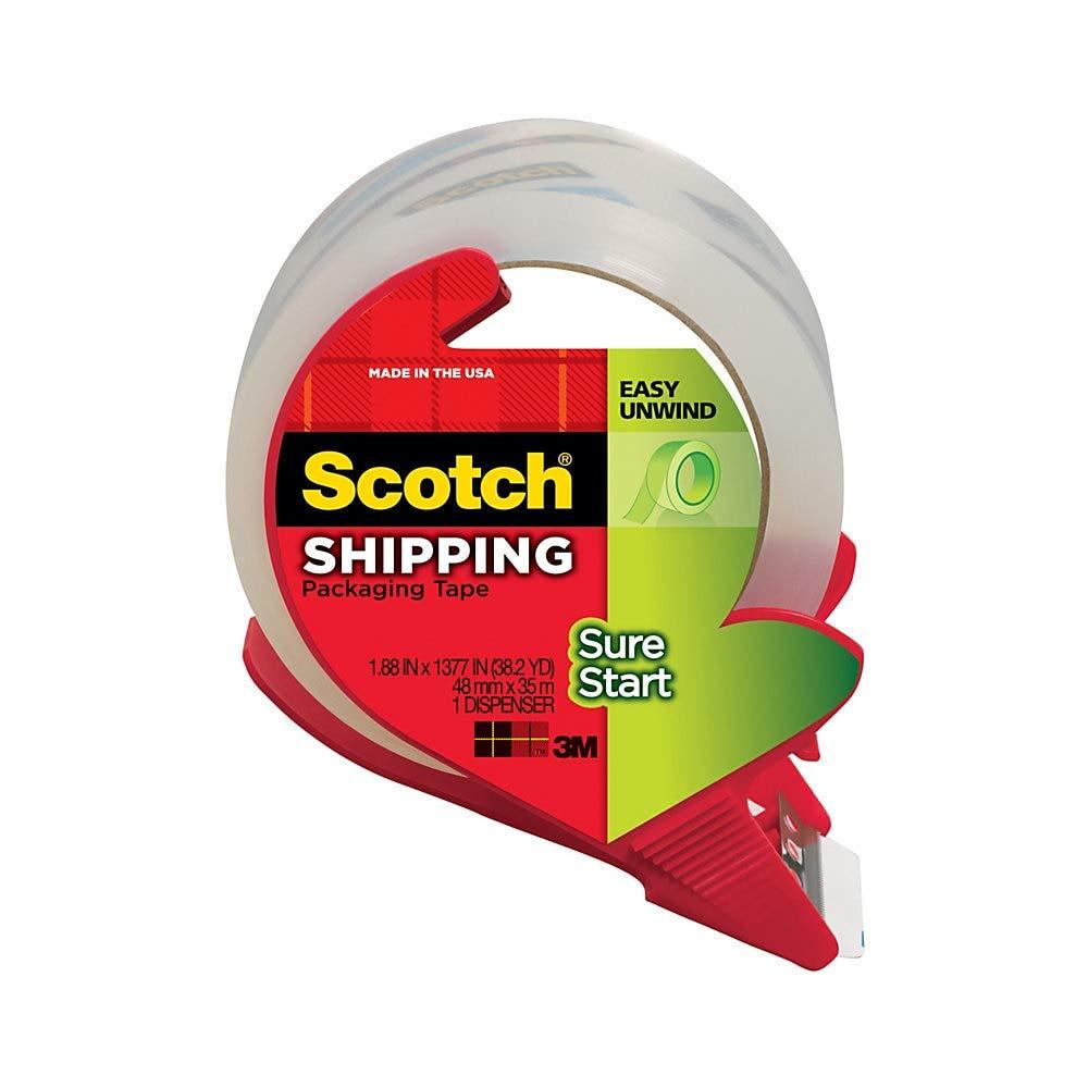 Scotch Sure Start Shipping Tape with Dispenser, 1.88 in. x 38.2 yd., Clear, 1 Dispenser/Pack 1 Roll 1.88" x 38.2 yards