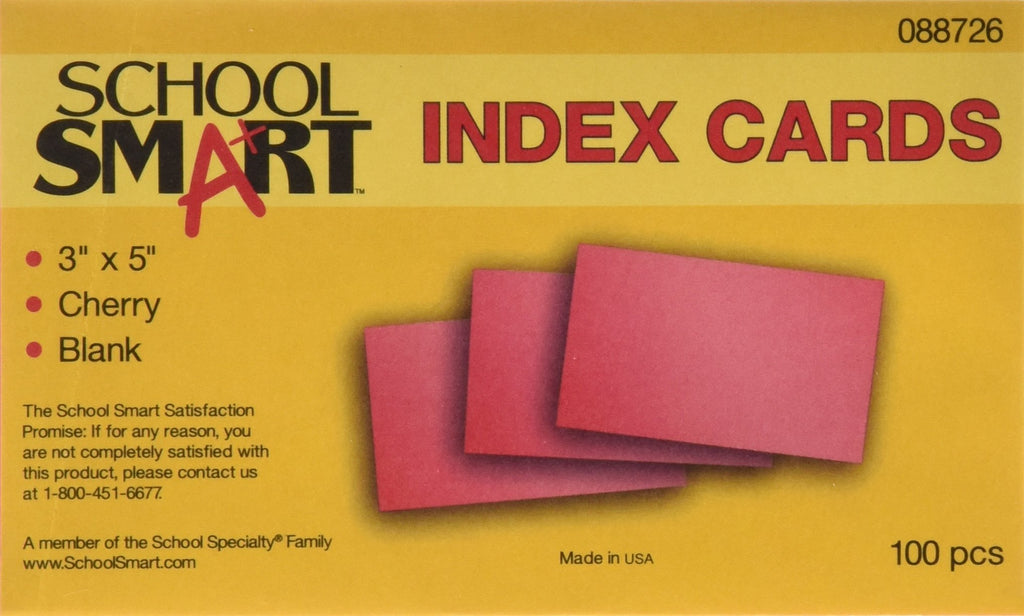 School Smart Blank 90# Plain Index Card, 3 x 5 Inches, Cherry, Pack of 100