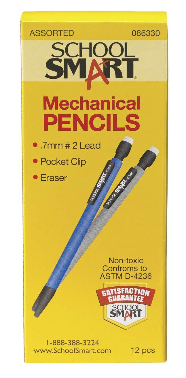 School Smart Medium Point .7 mm Lead Mechanical Pencils and Erasers - Pack of 12 - Assorted Colors