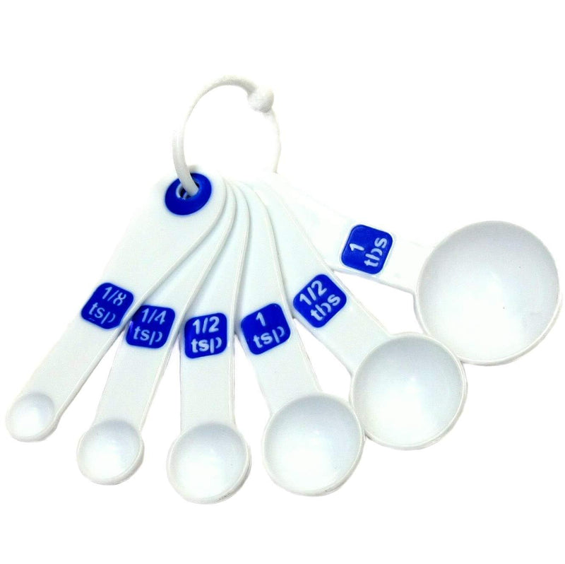 Chef Craft Select Plastic 6 Piece Measuring Spoon Set, 1/8 tsp, 1/4 tsp, 1/2 tsp, 1 tsp, 1/2 tbsp, 1 tbsp, White with Blue