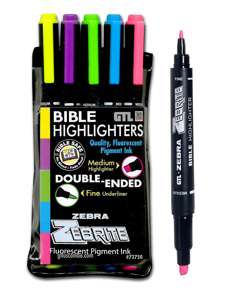 G.T. Luscombe Company, Inc. Zebrite Double Ended Bible Highlighter Set | No Bleed Pigmented Ink | No Fading or Smearing | Double Ended for Highlighting & Underlining | Fluorescent Multicolor (Set of 5) Set of 5