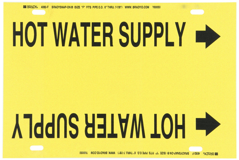 Brady 4082-F Strap-On 6" - 7-7/8" Outside Pipe Diameter B-915 Printed Plastic Sheet With Nylon Straps Black On Yellow Color Pipe Marker Legend "Hot Water Supply"