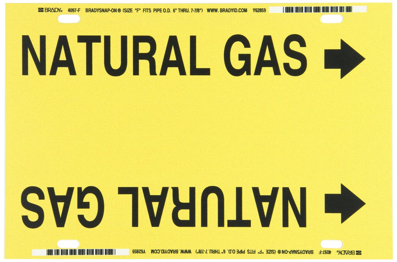 Brady 4097-F 6" - 9-7/8" Outside Pipe Diameter, B-915 Printed Plastic Sheet, Black On Yellow Color Strap-On Pipe Marker, Legend "Natural Gas"