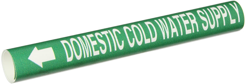 Brady 4050-B Snap-On 1-1/2" - 2-3/8" Outside Pipe Diameter B-915 Coiled Printed Plastic Sheet White On Green Color Pipe Marker Legend "Domestic Cold Water Supply"