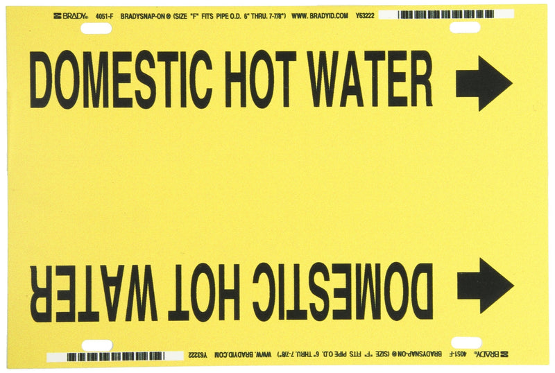 Brady 4051-F Strap-On 6" - 9-7/8" Outside Pipe Diameter B-915 Printed Plastic Sheet Black On Yellow Color Pipe Marker Legend "Domestic Hot Water"