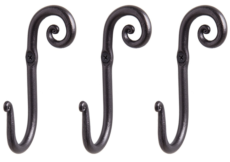 Decorative Stylish Wall Mounted Hooks, 3 Handmade Wrought Iron Right Swirl Hangers for Coat, Hat, Jacket, Robe, Bath Towel | Mug Hooks | Black Scroll Hangers | Handcrafted by RTZEN-Décor