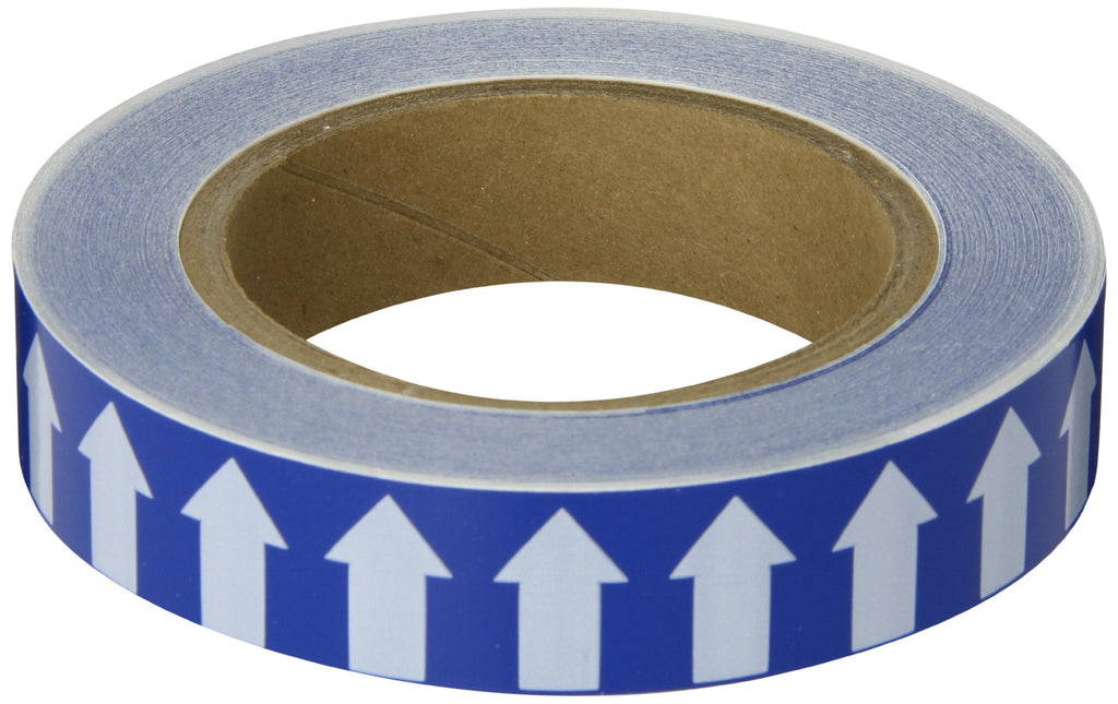 Brady 91427 1" Width, 90' Length, B-946 High Performance Vinyl, White On Blue Color Arrow Tape, Legend (Arrow Pictogram)