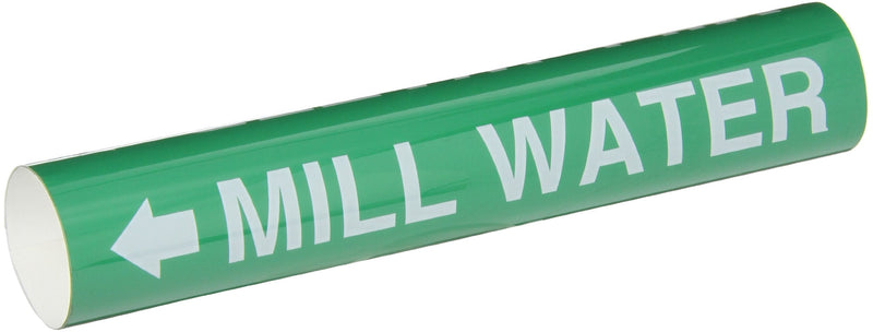 Brady 5725-I 1-1/2" - 2-3/8" Outside Pipe Diameter, B-689 PVF Over-Laminated Polyester, White On Green Color High Performance-Wrap Around Pipe Marker, Legend "Mill Water"