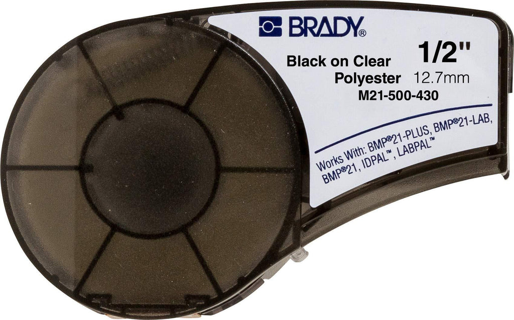 Brady Authentic (M21-500-430) Clear Harsh Environment Polyester Label for Laboratory, Asset Tracking and Datacom Labeling, Black on Clear material - Designed for BMP21-PLUS and BMP21-LAB Label Printers, .5" Width, 21' Length .5"