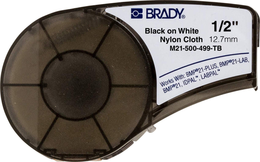 Brady Authentic (M21-500-499-TB) Multi-Purpose Nylon Label for General Identification, Wire Marking, and Laboratory Labeling, Black on White material - Designed for BMP21-PLUS and BMP21-LAB Label Printers, .5" Width, 16' Length M21-500-499-TB