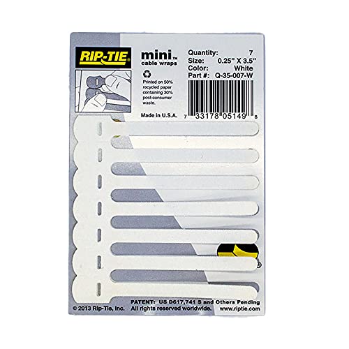 RIP-TIE Mini 1 /4" x 3-1/2" Cable Tie Perfect for USB Cable, Earbud Cords, Cell Phone Cord 7 Pack White 1 /4" x 3-1/2"