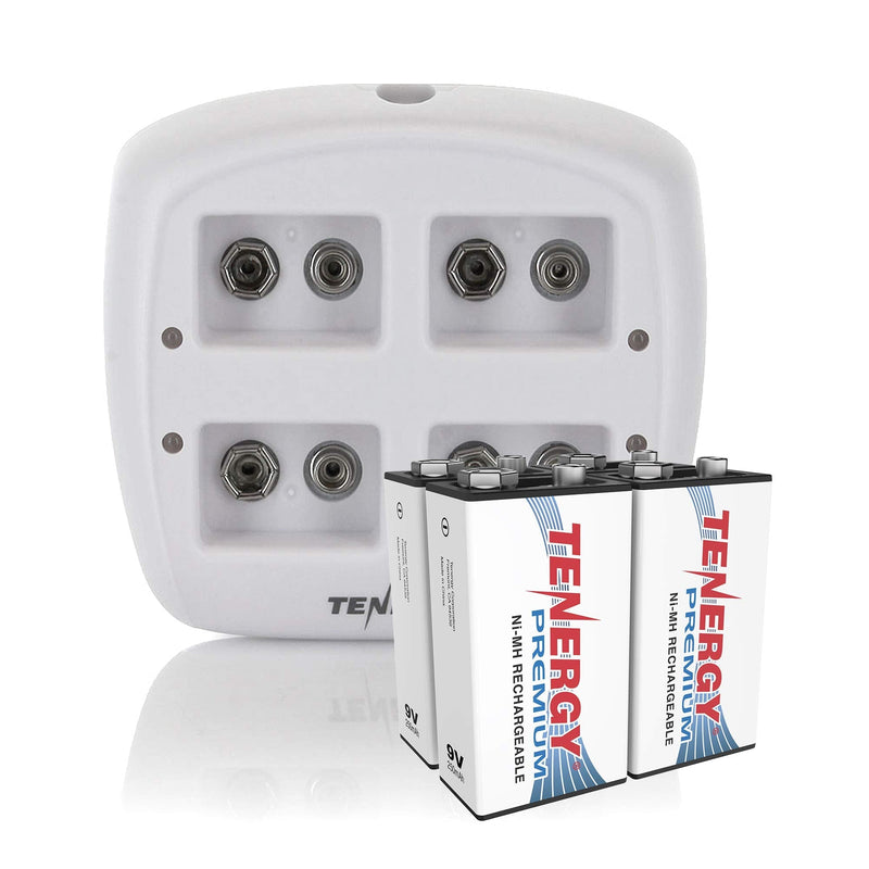 Tenergy TN136 4 Bay 9V Smart Charger with 4 Pieces Tenergy Premium 9V NiMH Rechargeable Batteries Charger + 4 Pc Premium Batteries