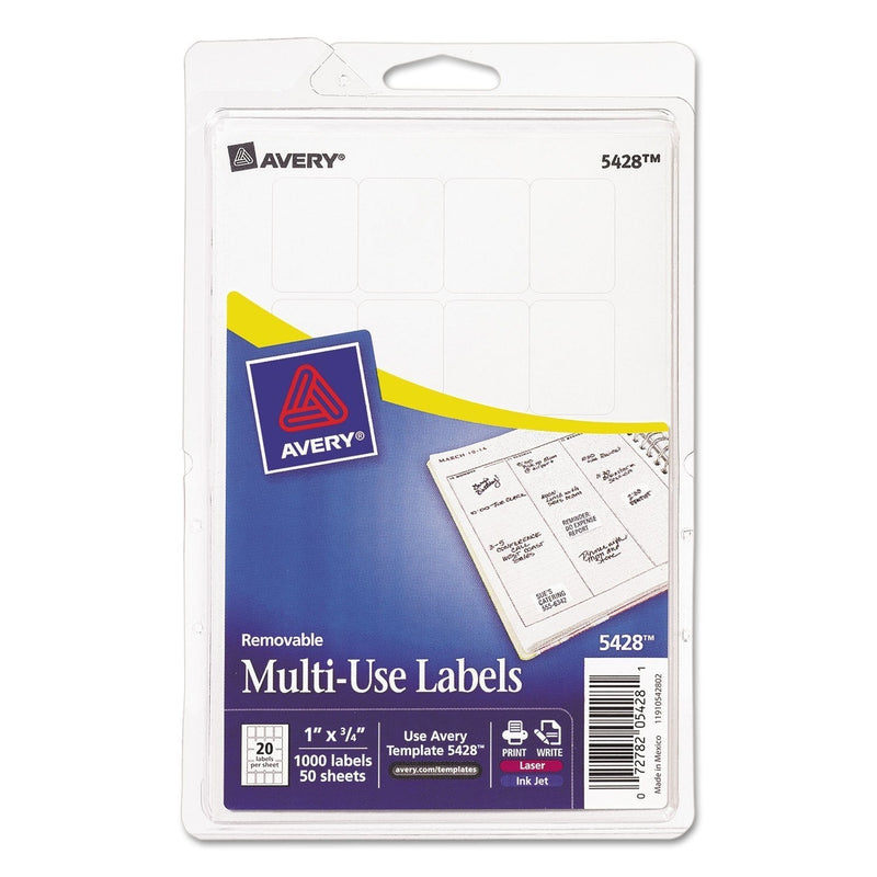 Avery 05428 Removable Multi-Use Labels, 1 x 3/4, White, 1000/Pack