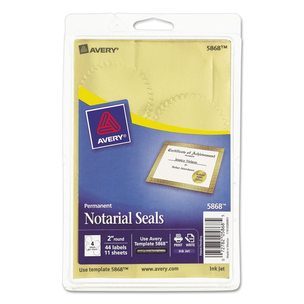 Avery 05868 Permanent Notarial Seals, Inkjet, 2-Inch Round, Gold, 44 Seals/PK