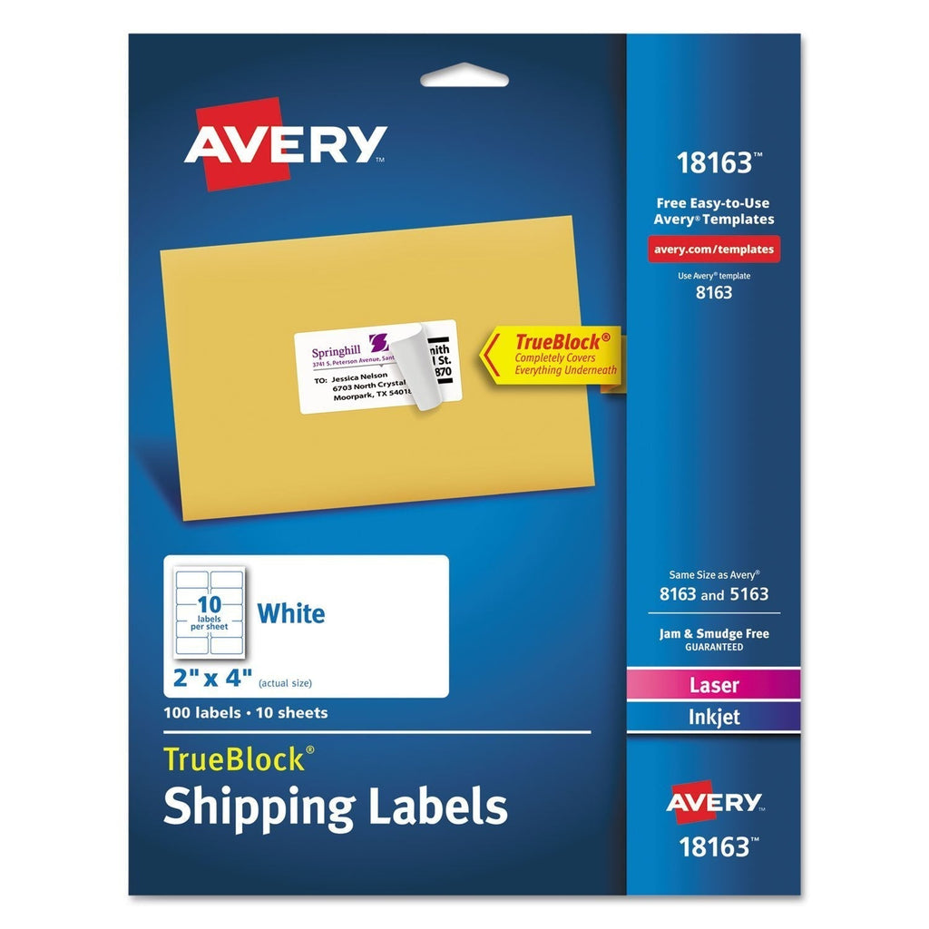 Avery 18163 Shipping Labels with TrueBlock Technology, Inkjet, 2 x 4, White, 100/Pack