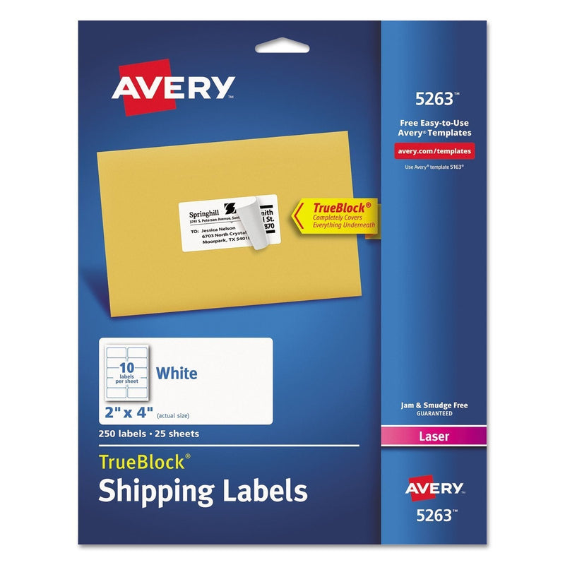 Avery 5263 TrueBlock Shipping Labels, Laser Print, 2 x 4, White, 250/Pack