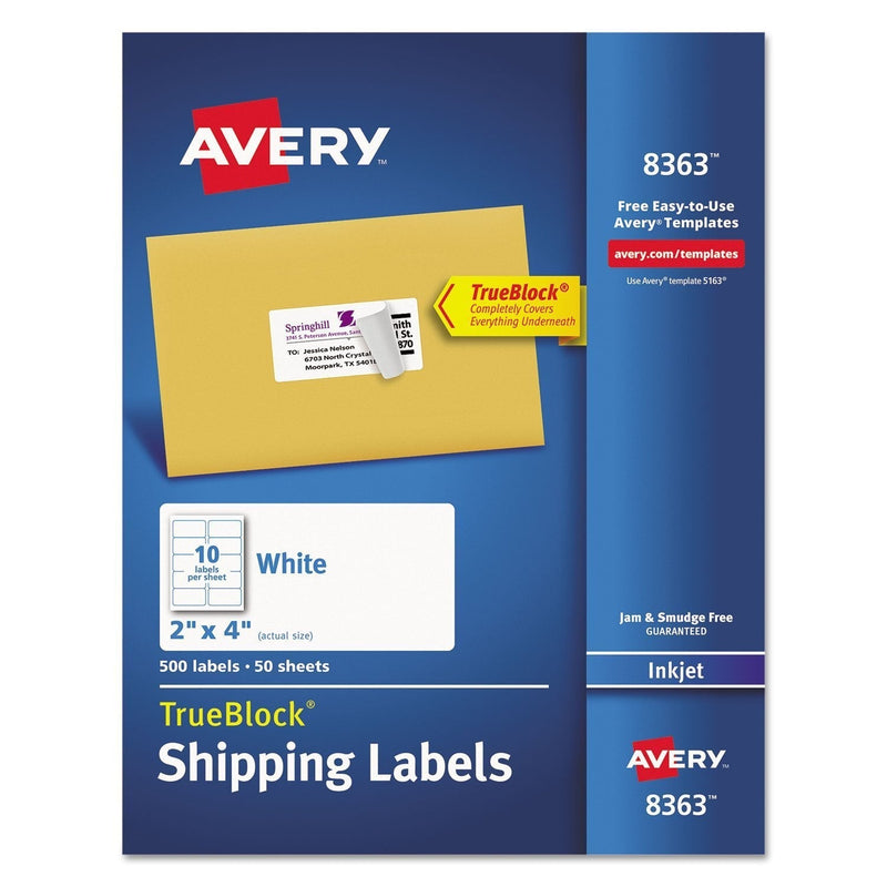 Avery 8363 Shipping Labels with TrueBlock Technology, Inkjet, 2 x 4, White, 500/Box
