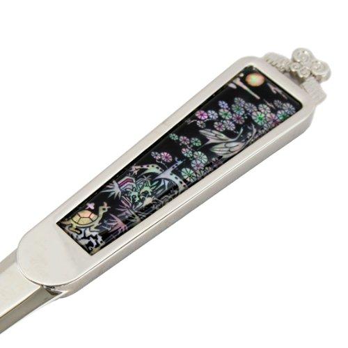 Mother of Pearl Animal Design Black Metal Steel Knife Office Sword Blade Hand Envelope Gift Letter Opener with Longevity Emblems Painting