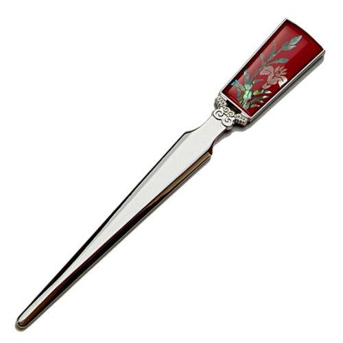 Mother of Pearl Orchid Design Red Metal Steel Knife Office Sword Blade Hand Envelope Gift Letter Opener