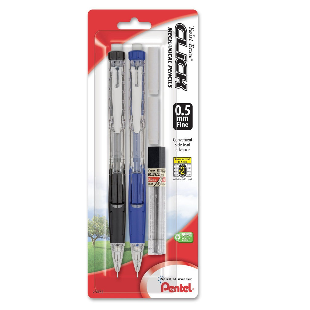 Pentel Twist Erase CLICK  Automatic Pencil with 2 Eraser Refills and Lead, 0.5mm, Assorted Barrels, Color May Vary, 2 Pack (PD275TLEBP2) 0.5 mm 2 Pencil with Erasers and Leads