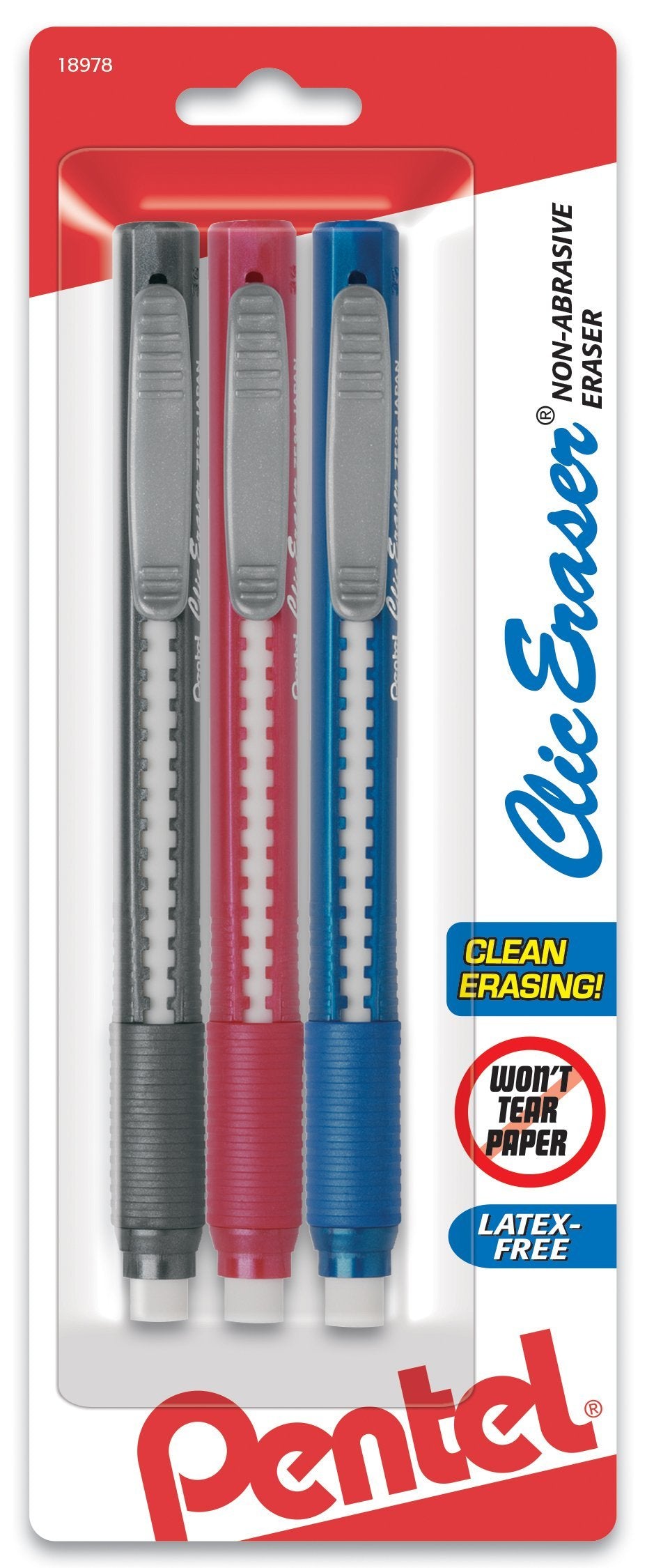 Pentel Clic Retractable Eraser with Grip, 3 Pack Black/Red/Blue Unit ZE21BP3M