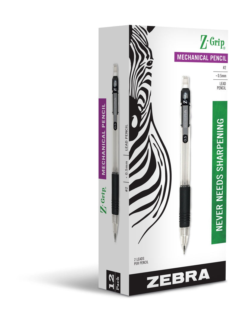 Zebra Z-Grip Mechanical Pencil, 0.5mm Point Size, HB #2 Graphite, Black Grip, 12 Pack