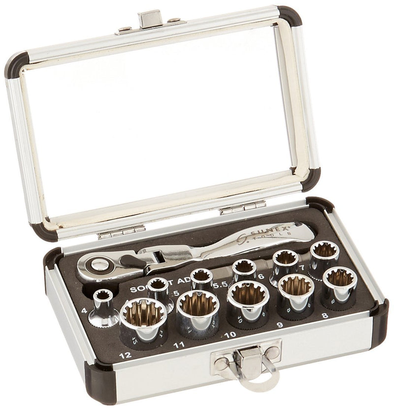 Sunex 9723 1/4-Inch Drive Universal Spline Socket Set with Mini-Flex Ratchet, 13-Piece 1/4" Drive Socket Set, Mini Ratchet