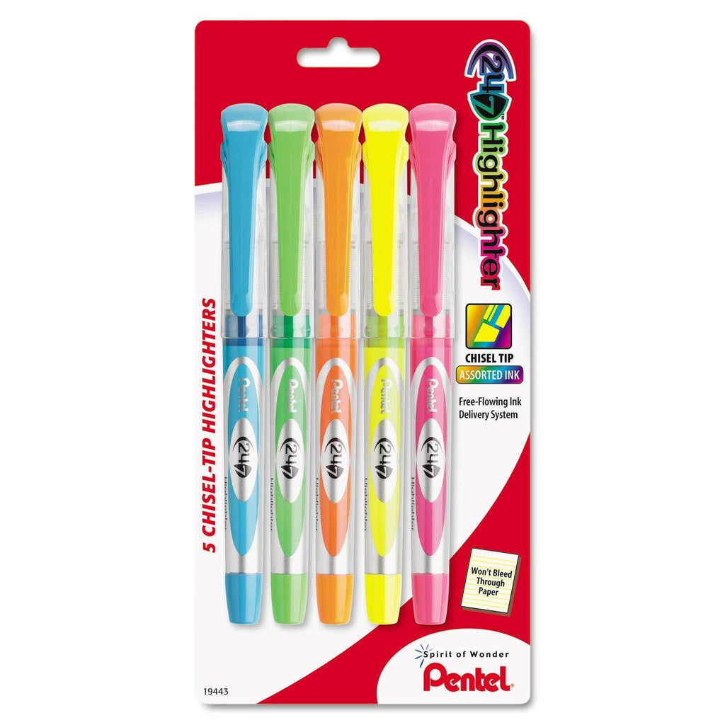 Pentel 24/7 Highlighter, Chisel Tip, Blue/Green/Orange/Pink/Yellow Ink, 5/Set