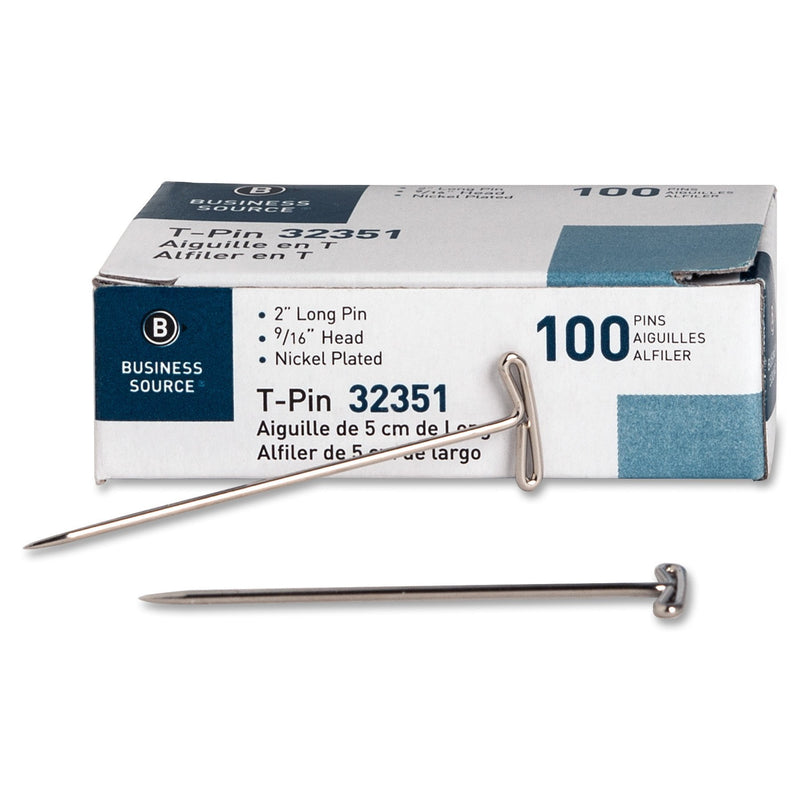 Business Source 32351 T-Pins, 9/16 in. Head Width, 2 in. Length, 100/BX, Silver 2"