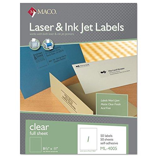 MACO ML4005 Laser/Inkjet Matte Clear Full Sheet Labels, 8 1/2 x 11, 50/Box