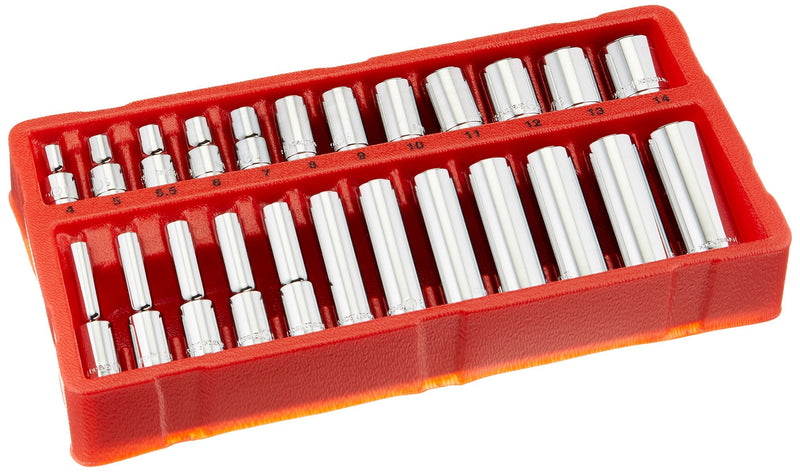 GreatNeck 18622 Metric Socket Set, 1/4 Inch Drive, 24-Piece | Homeowner & Mechanicâ€™s Socket Set w/ Tray | Deep & Shallow Sockets, Take on Any Job | Chrome-Vanadium Steel for Guaranteed Durability
