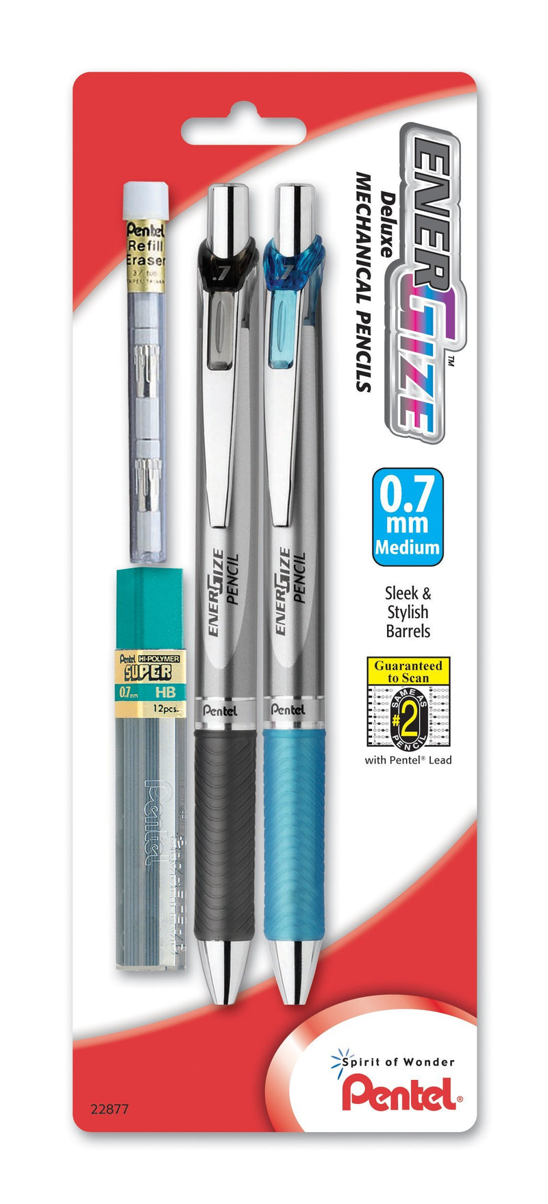 Pentel EnerGize Automatic Pencil with Lead and Erasers, 0.7mm, Assorted, 2 Pack (PL77LEBP2)