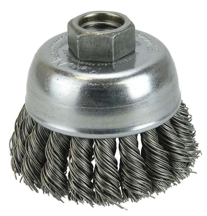 Weiler 13025 2-3/4" Single Row Knot Wire Cup Brush, .014" Steel Fill, 5/8"-11 Unc Nut, Made in the USA 2-3/4" Dia .014" Wire Size x 1" Trim Length