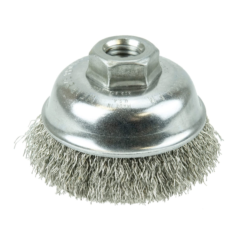 Weiler 13188 3-1/2" Crimped Wire Cup Brush, .014" Stainless Steel Fill, 5/8"-11 UNC NUT, Made in the USA 3-1/2" Dia .014" Wire Size x 7/8" Trim Length