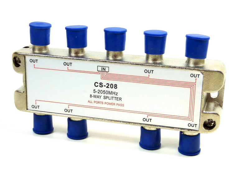 Philmore 2GHZ High "Q" 8-Way Low Loss Coaxial Satellite TV Signal Splitter With Weather Caps, Commercial Grade; CS208