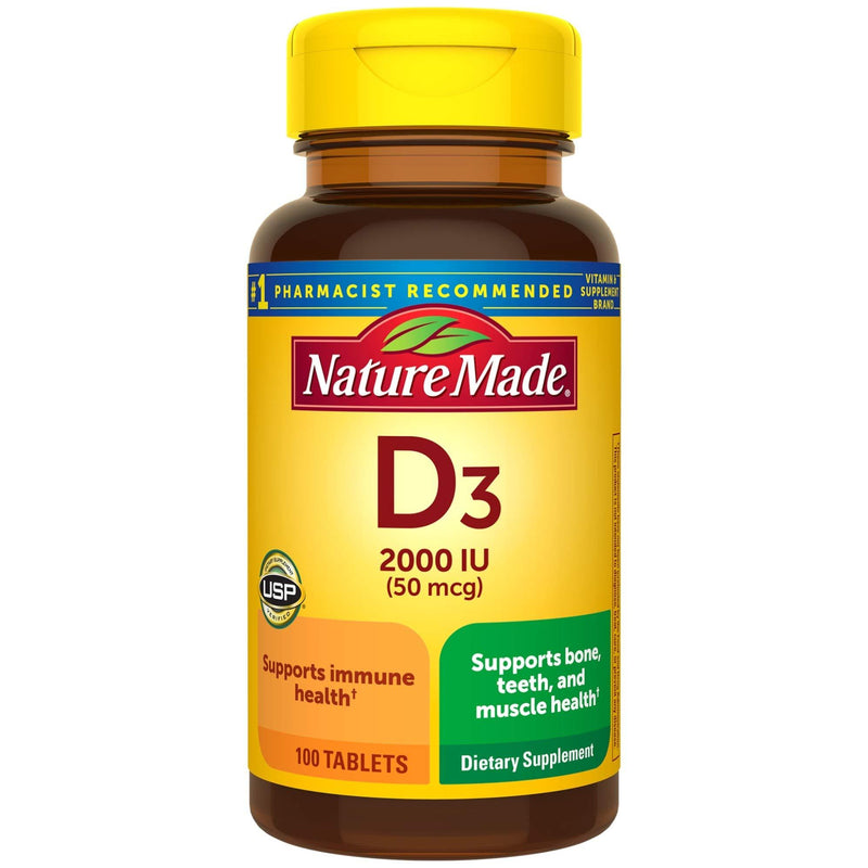 Nature Made Vitamin D3, 100 Tablets, Vitamin D 2000 IU (50 mcg) Helps Support Immune Health, Strong Bones and Teeth, & Muscle Function, 250% of the Daily Value for Vitamin D in One Daily Tablet 100 Count (Pack of 1)